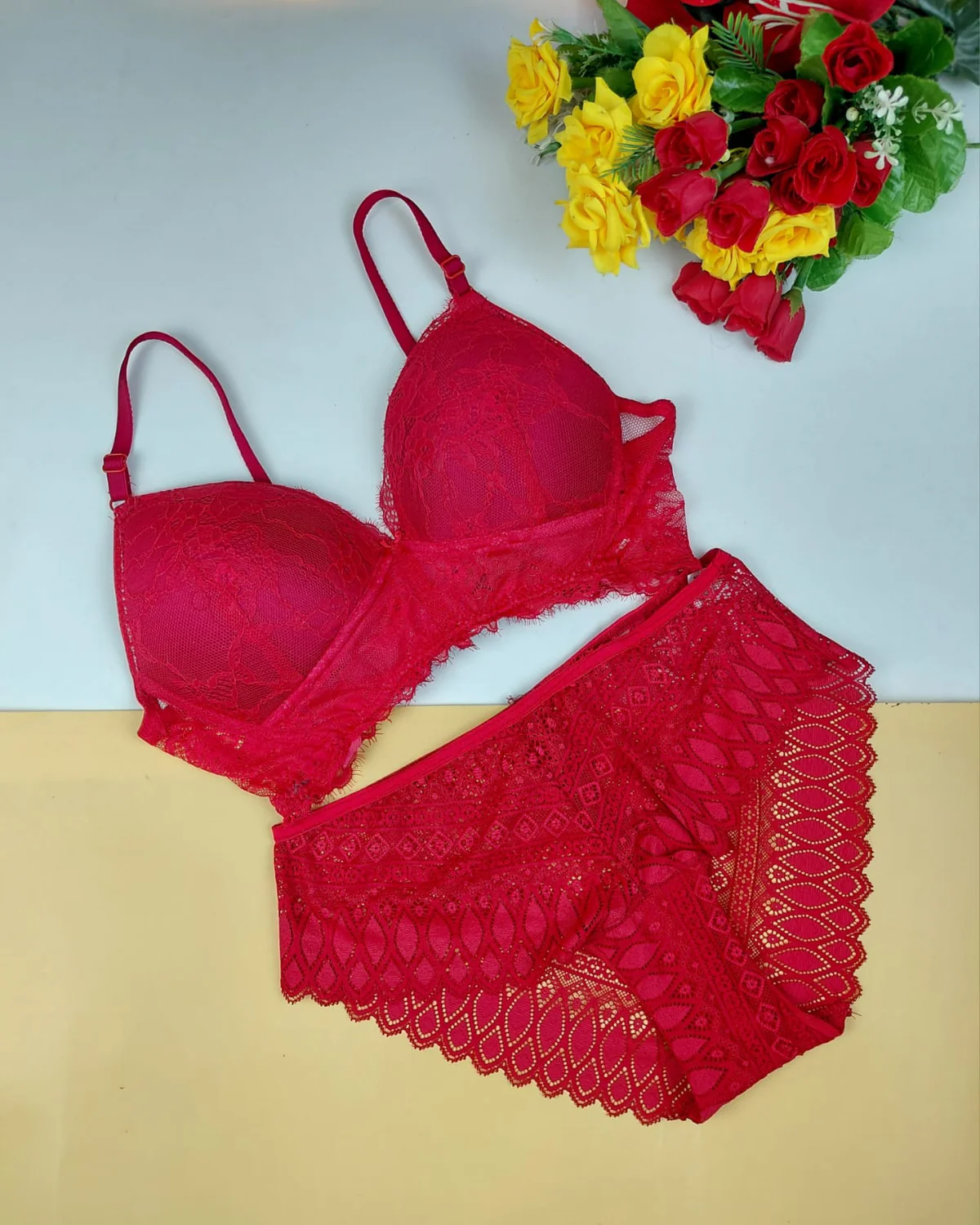 Lace Wireless Foam Bra Panty Set (Excusive) — Red