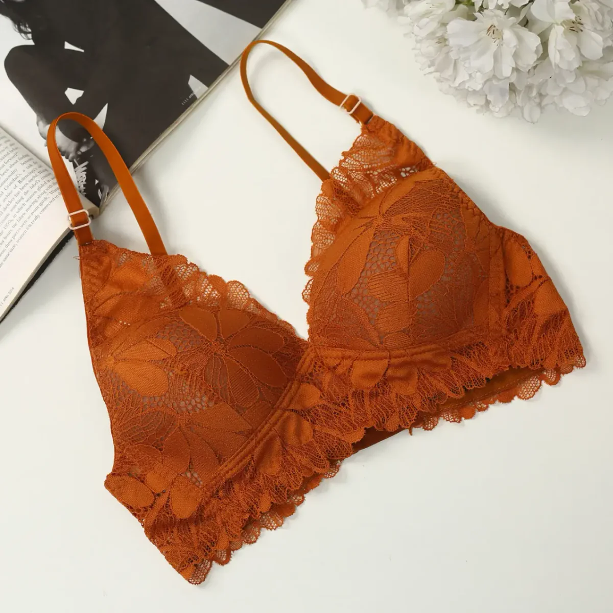 Lace Wireless Foam Bra — Brown